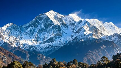 Majestic snow capped mountain range landscape view in the Himalayas