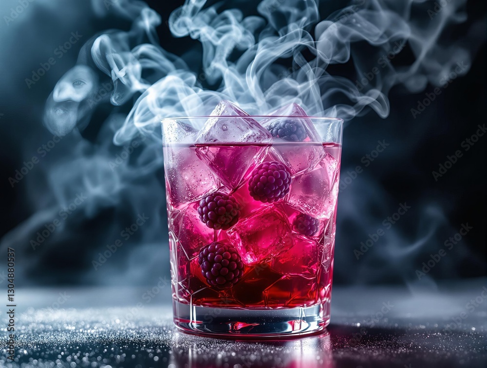 Poster a vibrant glass of raspberry beverage with ice and smoke emanating from it.
