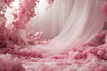 Pink floral backdrop with sheer fabric.