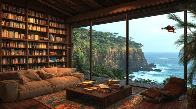 A luxurious living room with a beautiful ocean view and a high bookshelf in the background of the home
