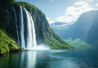 Fototapeta premium Majestic Waterfall Cascading Down a Lush Green Mountain with Reflections in a Calm Lake Surrounded by Dramatic Peaks and Clear Blue Sky