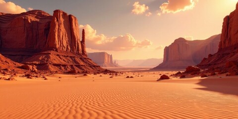 Serene Sunset Over Vast Expanse of Red Sand Dunes and Majestic Rock Formations