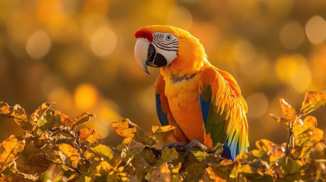 Radiant macaw perched amidst golden foliage captivating avian beauty in vibrant autumn colors serene nature scene - Powered by Adobe