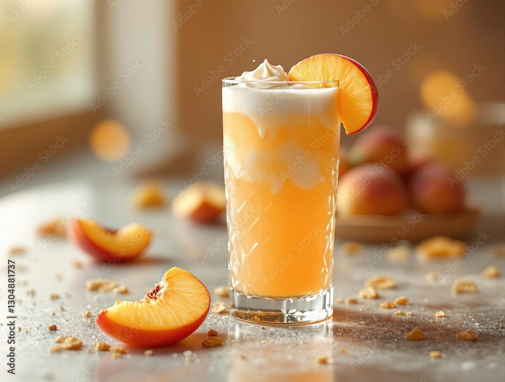 Poster a refreshing peach beverage in a glass, surrounded by peach slices on a light surface.