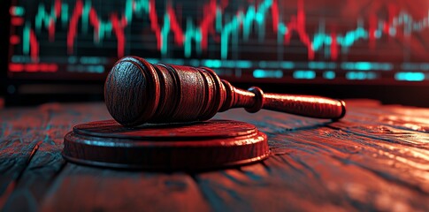 A wooden gavel resting on a black base with a golden balance scale, symbolic of a stock market regulatory board