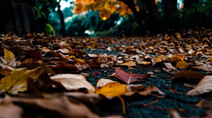 Obraz premium Colorful Autumn Leaves Lying on a Pathway in a Tranquil Forest Setting
