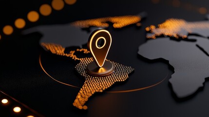 Golden Location Pin Pointing South America in Abstract World Map Design for Global Connectivity Theme Concept