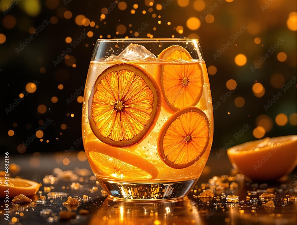 Poster a refreshing drink in a clear glass filled with ice and orange slices, illuminated by warm light.