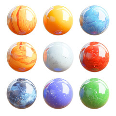 Celestial Spheres: A collection of vividly colored spheres, each mirroring the dynamic patterns and rich hues reminiscent of planetary surfaces, creating a compelling display of cosmic wonder.