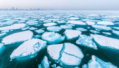 Floating ice fragments create serene landscape on calm water