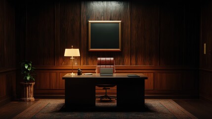 Dark Wood Office Room with Empty Desk. Possible use Background for business meeting or executive office presentation