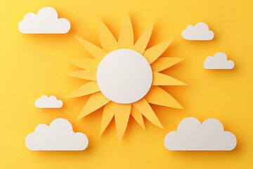 Bright and cheerful paper sun with clouds against a vibrant yellow background, creating a playful and sunny atmosphere perfect for a summer day