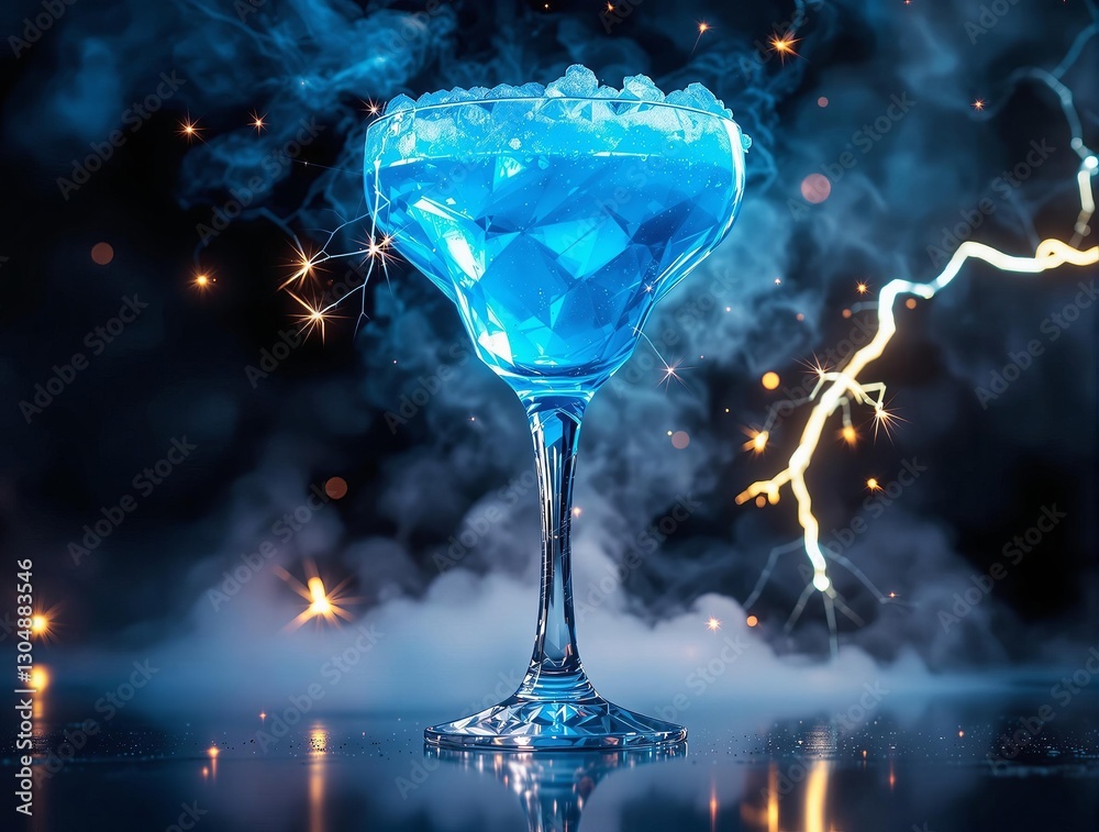 Poster A striking image of a blue cocktail in a glass garnished with ice. The backdrop features dynamic lighting effects with a hint of smoke.