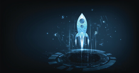 ฺBusiness startup rocket launch and candlesticks chart digital on dark blue background.Business growth currency stock market share investment economy.  leadership strategy achievement. 