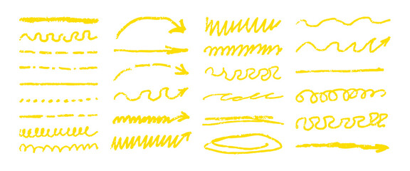 A set of yellow lines with arrows and wavy lines. The lines are drawn with crayons and are arranged in a row