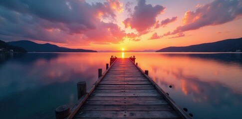 Obraz premium Sunrise paints weathered wooden pier extending over calm lake, outdoors, vacation, summer