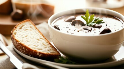 Creamy mushroom soup served with crusty bread on a cozy kitchen table during a warm afternoon