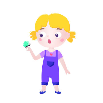 A surprised little girl looks at a butterfly. Illustration of astonished, amazed child. Flat graphic illustration isolated on white background