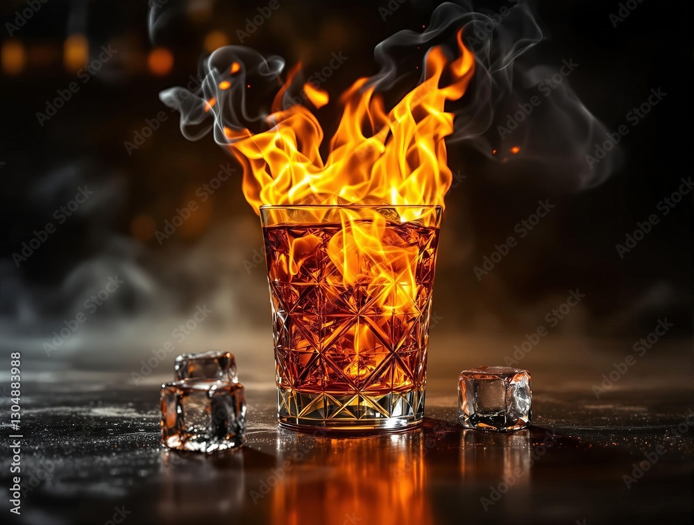 Poster the image features a glass of whiskey engulfed in flames, accompanied by ice cubes on a dark surface