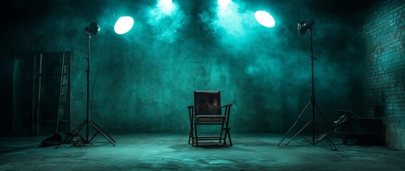 Dark blue wall and floor center with photo studio setup in the background