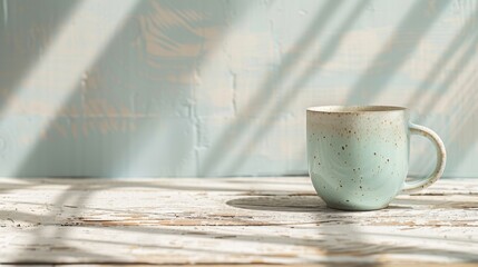 Soft morning light highlights a serene cup on a weathered table against a pastel background in a cozy setting