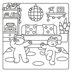 Coloring Book. Cute kitties dancing in a cozy apartment.