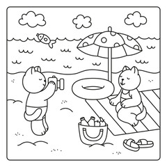 Cute coloring book. Two cats relaxing on the beach. 
