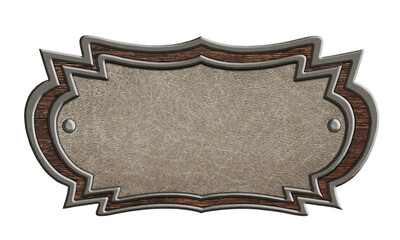 vintage leather sign in a figured metal frame isolated on a whit