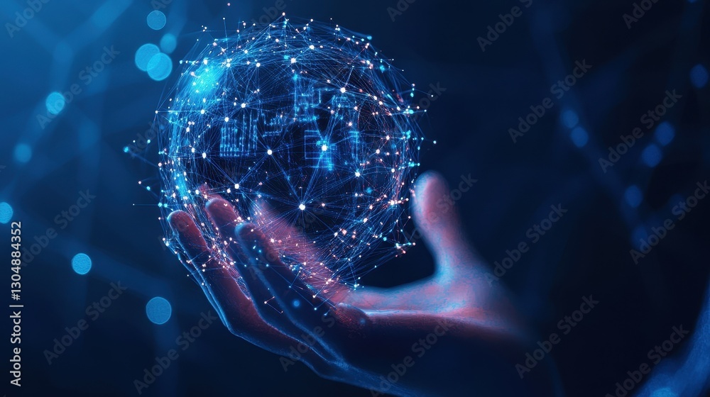 Poster futuristic concept of global connectivity with digital globe held in hand surrounded by data lines a