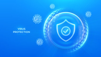 Virus protection. Healthcare. Vaccination. Virus cell. Antibiotic. Protection shield with Check mark icon inside transparent sphere shield with hexagon pattern on blue background. Vector illustration.