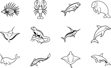 Fototapeta premium Ocean Life Aquatic Animals, Sea Creatures, Marine Wildlife Illustrations