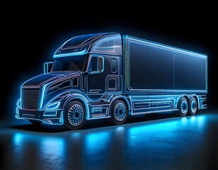 A high-tech, futuristic electric truck with glowing blue lights, emphasizing advanced transportation technology.
