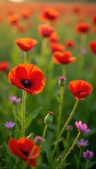 Obraz premium Red poppy field with a few cornflowers and cosmos, green grass, cosmos