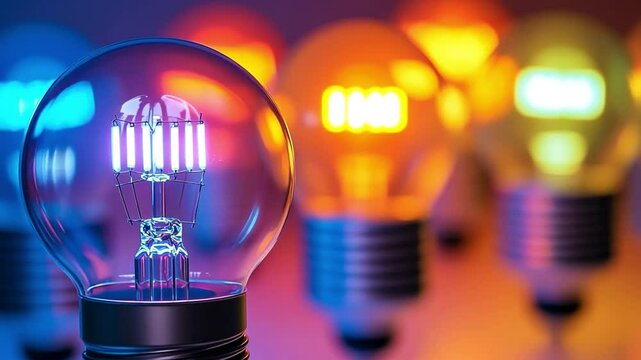 Innovation Illuminated: A close-up shot of a cluster of vibrant, illuminated light bulbs, each glowing with a different color, symbolizing ideas and creativity.
