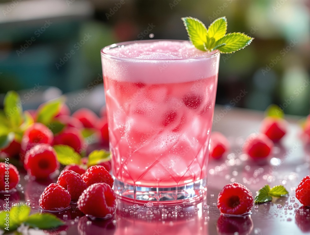 Poster a refreshing pink raspberry drink is served in a clear glass, surrounded by fresh raspberries and mi