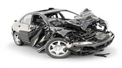 Severely Damaged Black Car After Collision at a Roadside Accident Scene