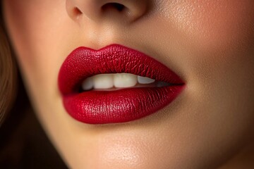 Fototapeta premium A close-up of a woman’s lips with permanent makeup, highlighting the smooth lines and vibrant color that have enhanced her natural lip shape.