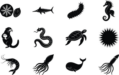 Ocean Life Silhouettes of Marine Animals and Sea Elements