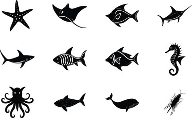 Ocean Life Black and White Silhouettes of Sea Creatures