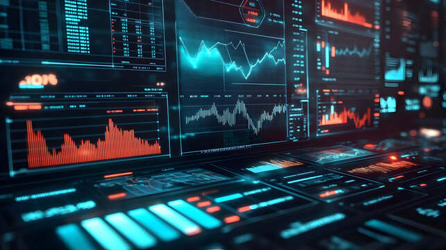 Futuristic Data Analysis Visualization with Glowing Charts and Interface Elements