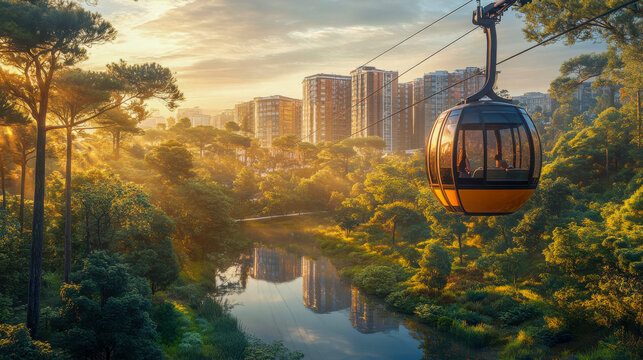 A cable car glides over rooftops at sunset, surrounded by lush gardens and historic architecture