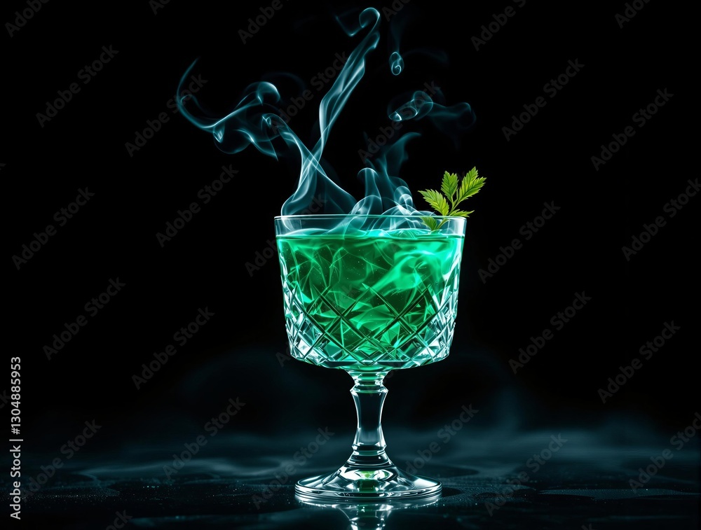 Poster a shimmering green cocktail in an elegant glass with a mint garnish sits against a dark background, 