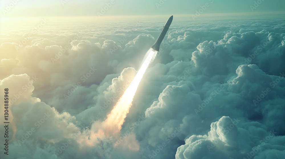 Poster this rocket soars through clouds on a suborbital space tourism flight, highlighting new travel optio