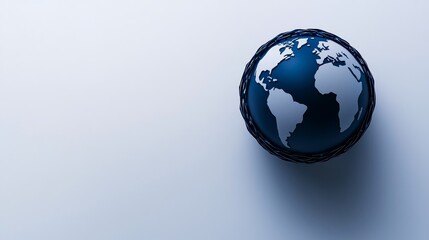 Fototapeta premium World Globe Presentation Dark Blue Waters and Light Landmasses Encased Within a Woven Border Spherical Display
