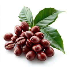 Aromatic coffee beans and vibrant green leaves creating a visually appealing and inviting composition perfect for advertising and culinary projects
