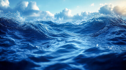 A close-up view of blue ocean waves in motion, capturing the powerful movement and texture of water in the sea