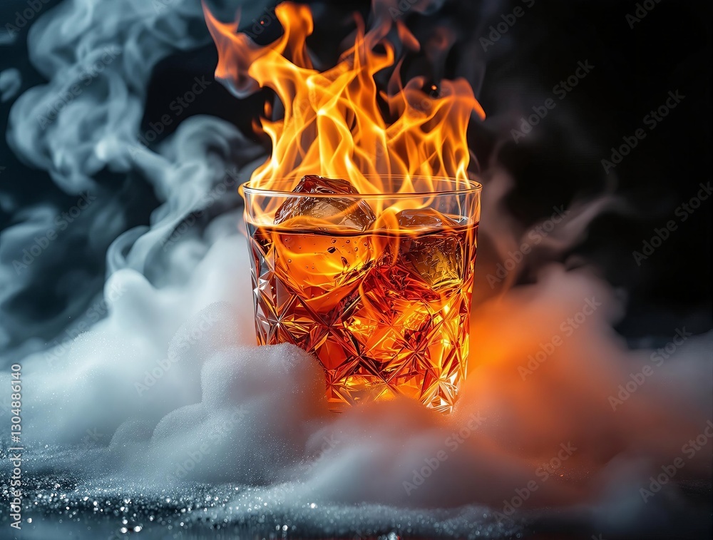 Poster a glass filled with a dark liquid is engulfed in flames, creating a dramatic and intense visual effe