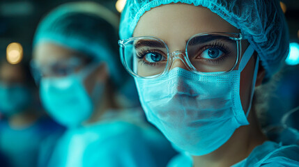 Close-up of a female surgeon with bright blue eyes wearing a surgical mask and cap in an operating room