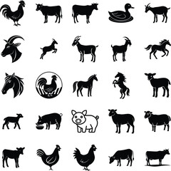 Farm Animals Icons Chickens, Goats, Pigs, Cows, Horses, Ducks