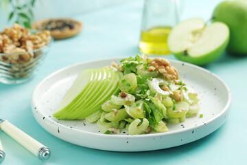 A plate with Waldorf salad, traditional American